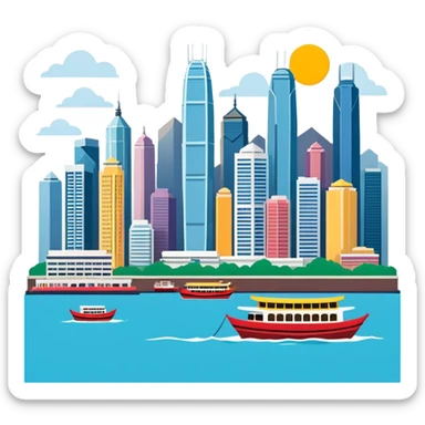 Hong Kong Victoria Harbor skyline, simplified emoji style with bold outlines and bright colors, cartoon style city view with tall buildings sticker