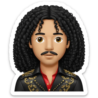 Rick James with long black curly hair and thin mustache, black sequin outfit sticker