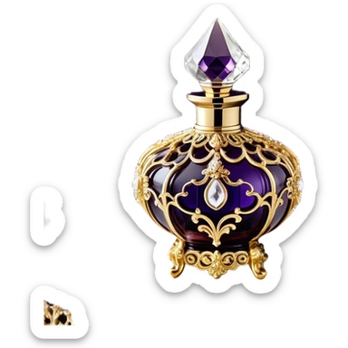 A luxurious French vintage-style perfume bottle in deep purple, with an ornate crystal stopper and intricate gold filigree detailing. The bottle has an elegantly curved shape, reminiscent of classic 18th-century perfume designs. It sits atop a delicate lace-covered vanity table, surrounded by pearls and antique silver accessories. Soft candlelight casts a warm, romantic glow, highlighting the rich texture of the glass and metallic accents sticker