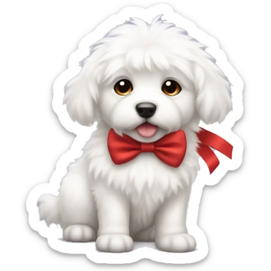 White fluffy puppy with red bow sticker