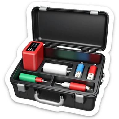 An open black hard-shell test case, inside: a power outlet, USB port, and colored test sockets. A large roll of white test labels lies next to the equipment, along with a red test probe. sticker