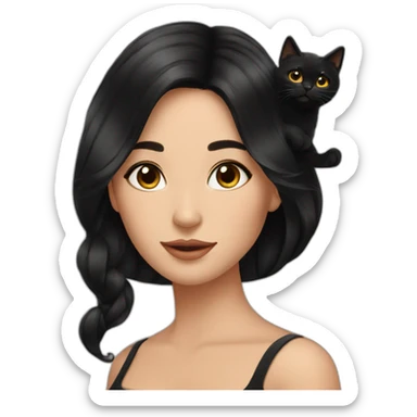 Beautiful woman with long black hair and with black cats on her shoulder  sticker