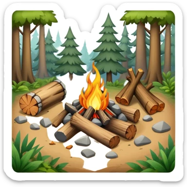 bushcraft campfire with stones, logs for sitting, in forest setting sticker