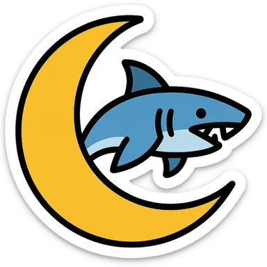 moon with a shark icon in lineal color with black outlines sticker