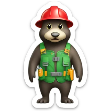 mole with red nose, green gardening harnesses, green helmet with a light sticker