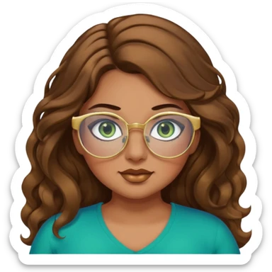 Girl girl long wavy brown hair, green/blue/gold eyes, plus size, thick eyelashes, tan skin, gold glasses sticker