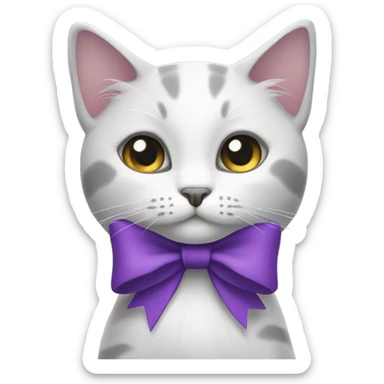 white gray mixed cat with purple bow sticker