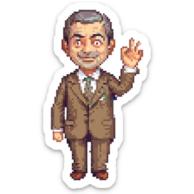 Happy Mr. Bean waving, pixel art style, no background, pixelated and retro video game look, clear and joyful expression. sticker