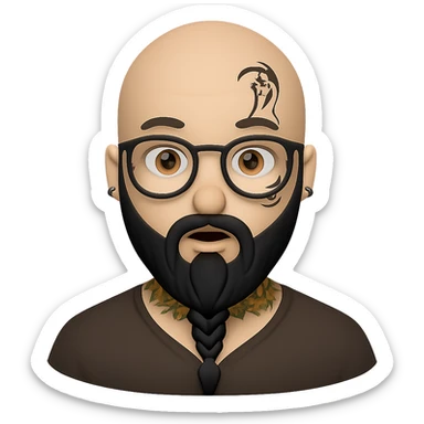 Create an image of a bald man with a very long braided black beard, glasses, and face tattoos in the style of Apple emojis. The background should be removed, isolating the subject. sticker