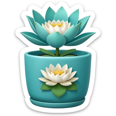 Decorative turquoise planter with a shallow, cylindrical shape and a white lotus flower plant sticker