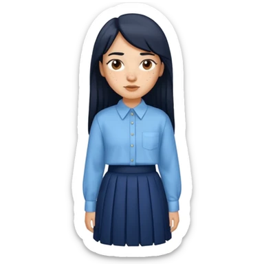 hair : black long hair with fringe 
skin : light with freckle
cloth : oversize light blue shirt + navy long long skirt 
 sticker