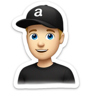 a blue-eyed white guy in a black cap backwards and in black t-shirt, vlogger sticker