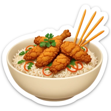 iOS-style minimal food emoji of a rice bowl with crispy fried chicken tenders, fried onions, sweet-and-sour sauce, and parsley garnish, smooth shapes, vibrant natural colors, clean vector-like rendering, transparent background. sticker