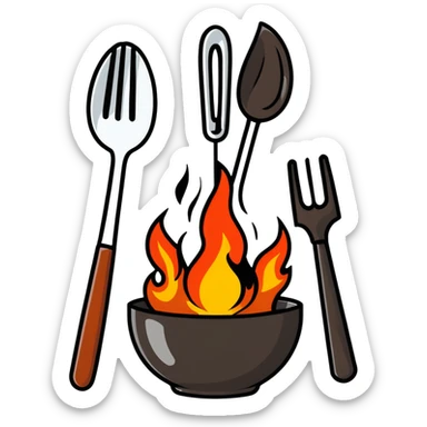 burning spoon fork and knife crossed together, kitchen utensils on fire with flames sticker