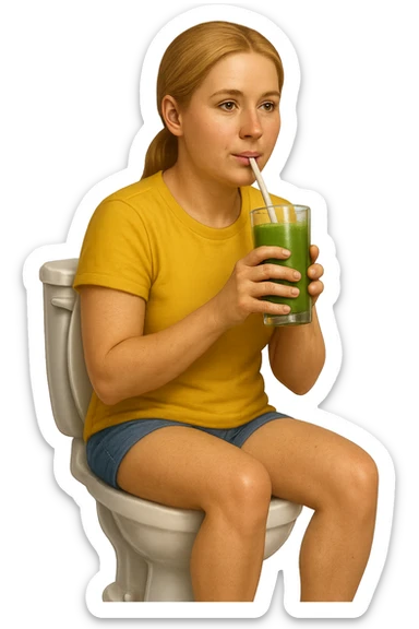 emoji stile iphone di una donna seduta sul wc che beve uno smoothies verde, iperrealistico 4k sticker