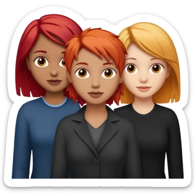 Can you create an image of 3 friends together one with red bright hair light skin one the other with brown hair with some blonde highlights in the hair fair skin the last one with light brown a tint of orange hair and black hair sticker
