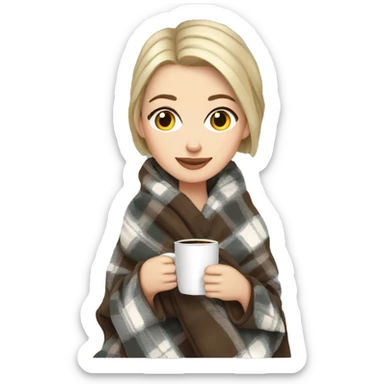 white girl short hair wrapped in cozy plaid blanket with coffee sticker