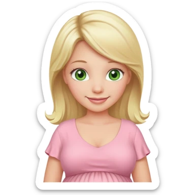 blond pregnant woman smiling in pink pale dress with green eyes sticker
