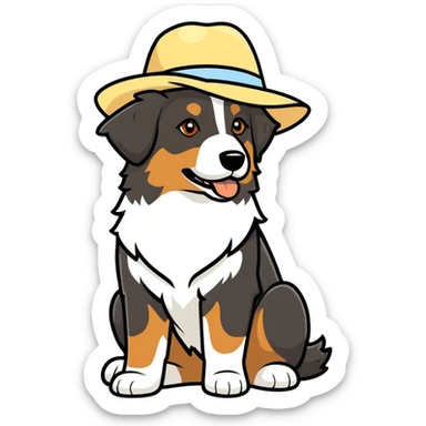 Australian Shepard dog wearing a sun hat sticker