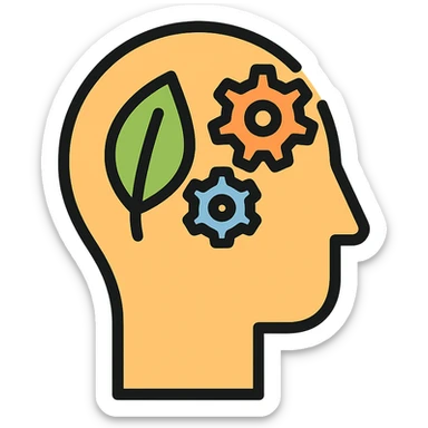minimalist style, icon of head with gears and leaf, feeling of calm, mental health sticker