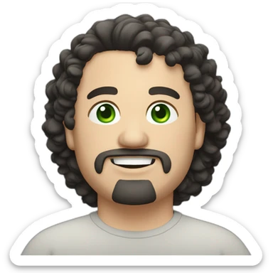chubby caucasian man, looking 42 years old, black curly hair, green eyes, black goatee around the mouth, medium lips, smiling. sticker