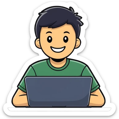 college student smiling in front of his laptop sticker