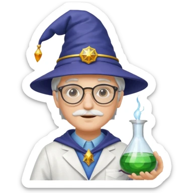 rainbow scientist with glasses, wearing wizard hat custome, with glass vase sticker