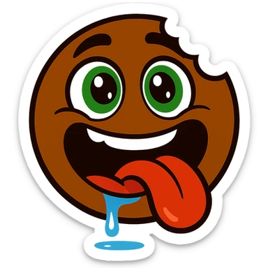 cartoon-style round emoji face in rich chocolate brown, big expressive green eyes looking upward with sparkles for excitement and hunger, mouth open wide in a goofy hungry smile, large bite taken out of the side, long bright red tongue hanging out, shiny blue drool dripping and pooling below, intense food craving expression, glossy, fun, exaggerated, bold and eye-catching, clean white background, suitable as a food brand mascot or emoji sticker