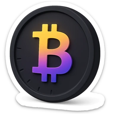 3D black style Bitcoin coin with a yellow, orange, purple, and violet gradient sticker