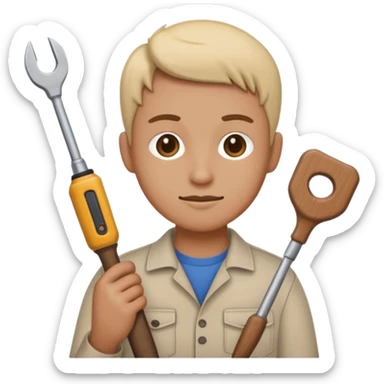 a single 2D line-drawn character + small detailed shop sticker