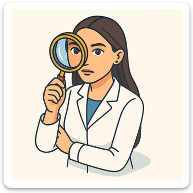 Front view of a female doctor with dark long straight hair and detailed brown eyes (not just dots), wearing a white coat, in 2D isometric style with a minimalist background. She is looking straight into the camera through a magnifying glass with a thoughtful facial expression. Appearance matches the reference. sticker
