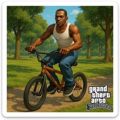 CJ from GTA San Andreas riding a BMX in a park background sticker