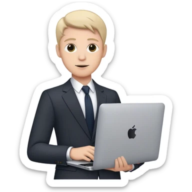 homme en costard avec un macboo sticker