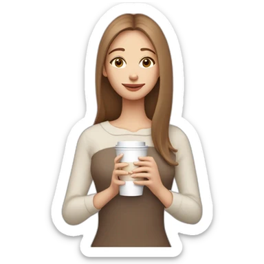 woman-with-pale-skin-and-brown-long-thin-straight-hair-wearing-a-white-woolly-shirt-drinking-coffee-from-a-light-pink-takeaway-cup-eyes-closed-b sticker