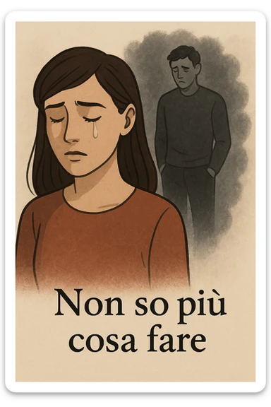 Vertical format: A woman with a tear, a man next to her emitting a gray aura, with Italian text: 'Non so più cosa fare'. sticker