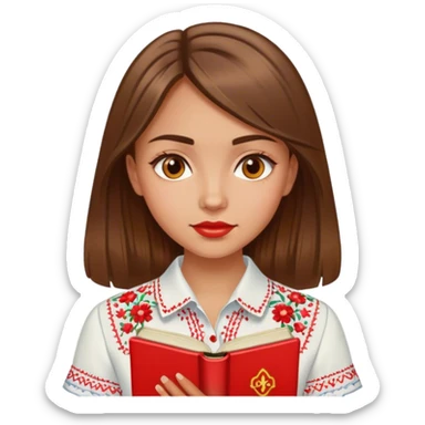 A Ukrainian girl with brown hair in an embroidered shirt reads a red book sticker