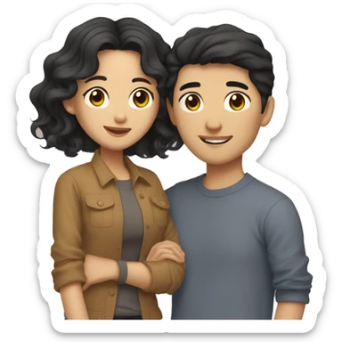 A half pale Asian man with short dark hair and amber eyes embracing and loving a half Asian woman with long wavy dark hair and dark hazel eyes. They love each other a lot And have good fashion taste. And are having a lot of fun sticker