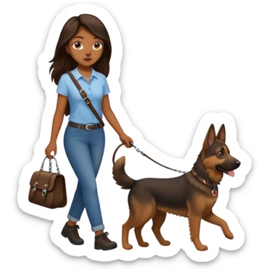 a girl with a brown dark long long hair, she's walking her dog is a german shepard sticker