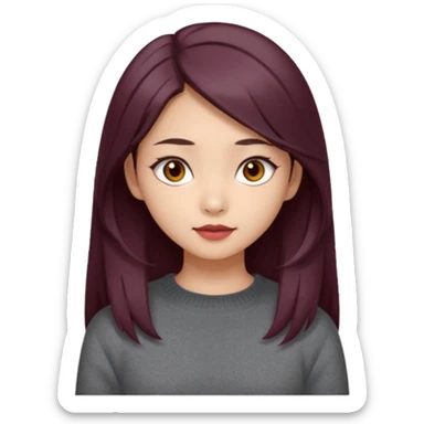 asian girl, long dark burgundy brown hair, hazel brown eyes, half lidded eyes, wolfcut hairstyle sticker