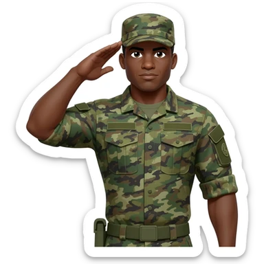 I need a black male military he has to have a military cap on more like campaign covers used by drill, instructors or state police officers make soldier well built with muscle muscles soldier and camouflage green uniform saluting sticker