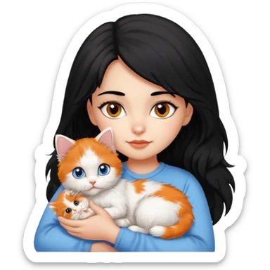 A girl black hair and brown eyes with A 2-month-old Persian-Angora mix kitten with blue eyes and mostly ORANGE fur with white patches sticker