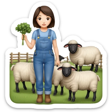 brunette woman wearing overalls, and farming sheep sticker
