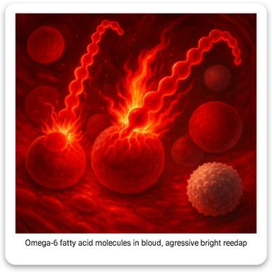 artistic rendering of omega-6 fatty acid molecules in blood, aggressive and bright red appearance, interacting with healthy cells causing inflammation with flames or red glows, white blood cells reacting, surreal medical semi-realistic style with bright inflammation effects sticker
