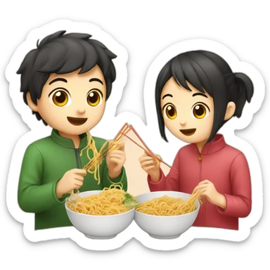 boy and girl eating noodles chinese sticker