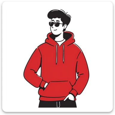 A guy in a red sweatshirt with sunglasses, with stylish black hair, stands in a cool pose sticker