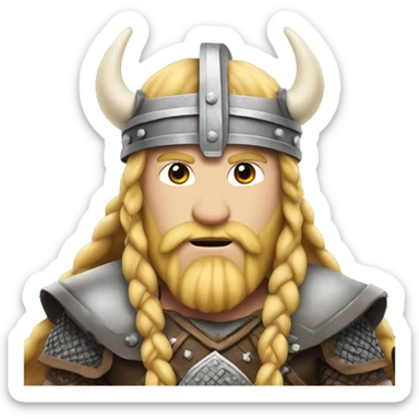 viking with long blonde hair and braids, white skin, wearing helmet with horns sticker
