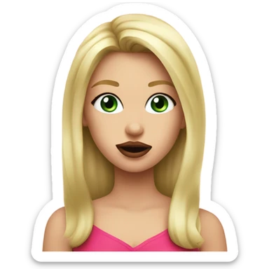 blonde girl and green eyes and pink pijame applies lipstick red apple emoji sticker