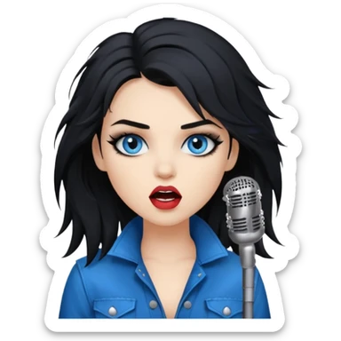 
 rockstar girl with black disheveled hair, blue eyes, Smokey eyes grunge makeup, singing  sticker