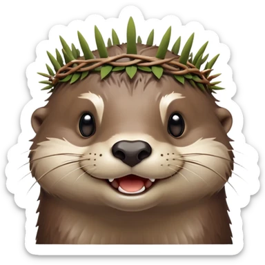 really cute smiling joyful otter face in three-quarter profile view with simple thorny stem wrapped horizontally around its forehead like Jesus Christ's Crown of thorns, no crown shape on top, just thin spiky branches circling the forehead sticker