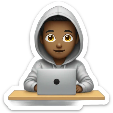 a boy in a hoodie working on  a computer sticker